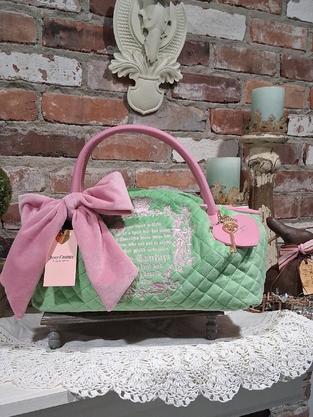 Juicy Couture Mint Green Quilted Satchel with Pink Bow